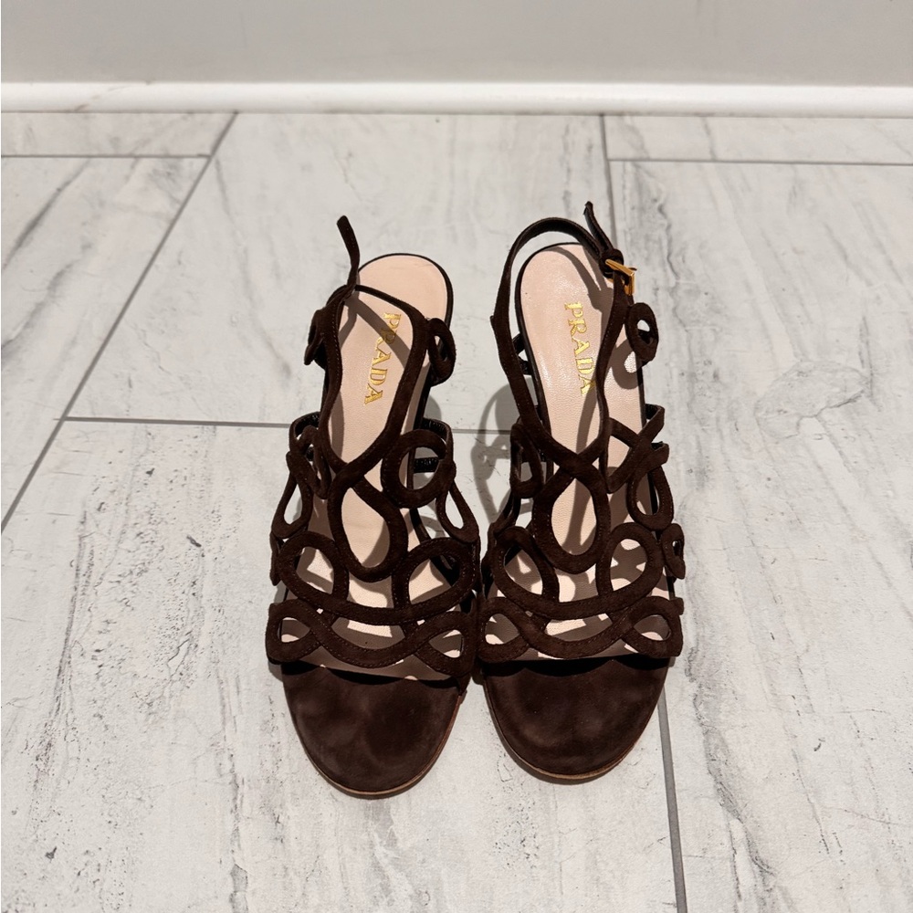 Prada Dark Brown Suede Cutout Slingback Heels